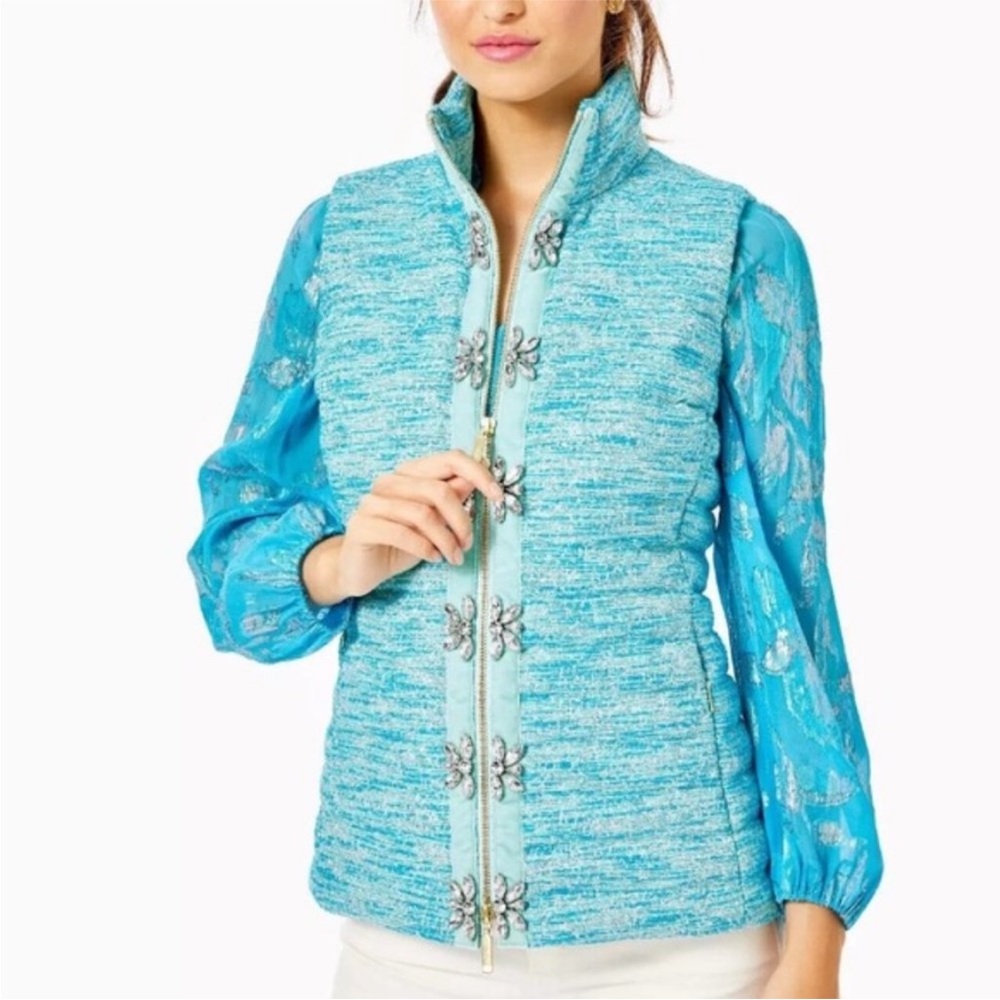 Lilly Pulitzer Noella Embellished Vest SZ M Turquoise Oasis Resort Boucle - Picture 2 of 16